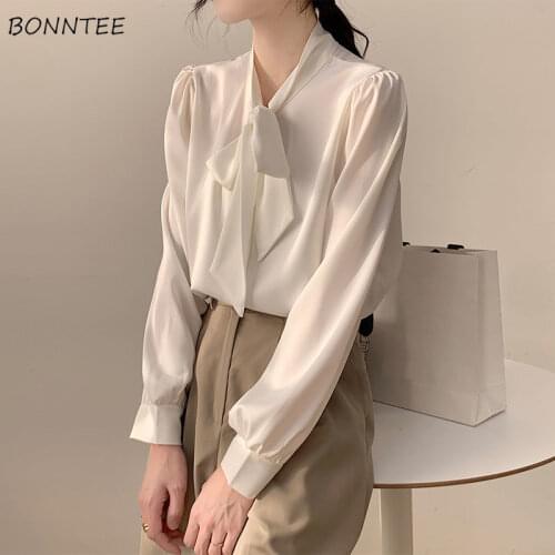 Shirts Women Lace-up Tender Ladies Bow Classy Female Tops Casual All-match Chiffon Solid Vintage Fashion Mature Comfortable New