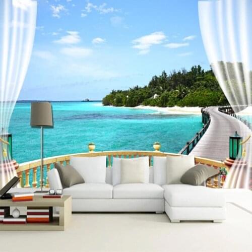 Custom Self-Adhesive Waterproof Mural Wallpaper 3D Seascape Landscape Balcony Fresco Living Room TV Sofa Photo Wallpaper Sticker