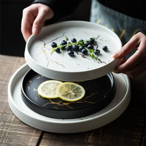 Northern Europe Black White Marbling Ceramics Dinner Plate Home Round Western Steak Plate Decorative Tableware Dishes and Plates