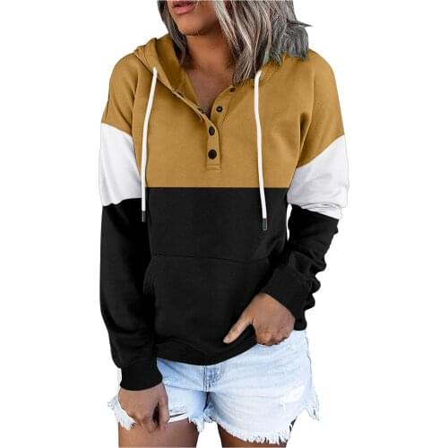 Winter Hoodie Women Casual Patchwork Hooded Sweatshirts Streetwear Buttons Long Sleeve Pullover Thermal Warm Crew Neck Moletom