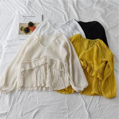 Womens Clothing 2021 V-Neck Long Sleeve Top Female Elegant Shirts Chic Woman Blouse Vintage Ruffle Hem Blouses Fashion Ladies