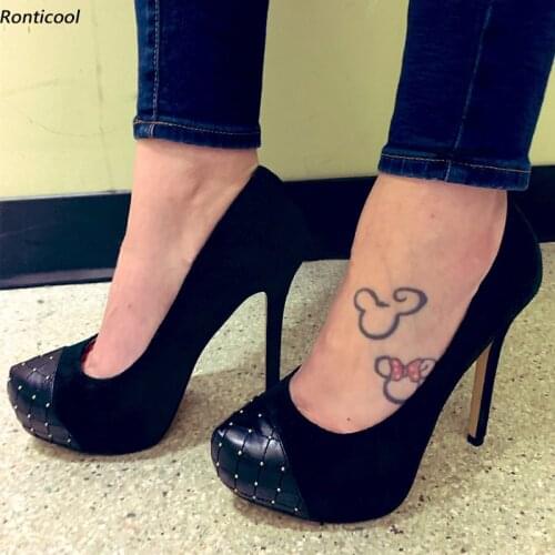 Ronticool Handmade Women Spring Platform Pumps Sexy Stiletto Heels Round Toe Elegant Black Club Shoes Plus Size 35 45 47 48 52