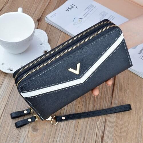 Women Double Zipper Color Contrast Pu Leather Wallet Female Long Coin Purses Luxury Clutch Bag Ladies Card Holder Money Clip