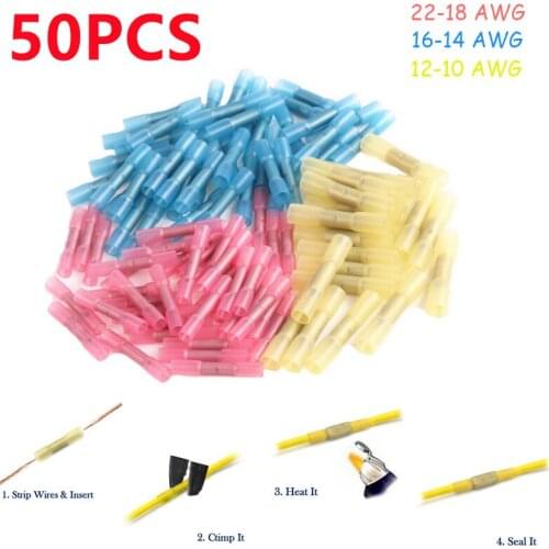 50PCS Heat Shrink Terminal Waterproof Butt Electrical Splice Wire Connectors Cable Crimp Terminals Connector AWG 26-10