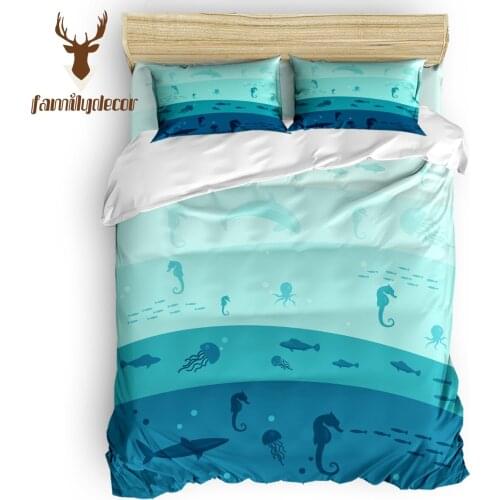 FamilyDecor DHL Free Shipping Ocean Blue Shark Octopus Quilted Duvet Set Independence Day Machine Washable California King New