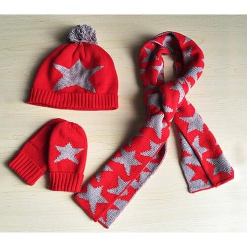 Baby & kids girls boys red star print knitted hat scarf and glove sets children autumn winter cotton 3 pieces set christmas gift