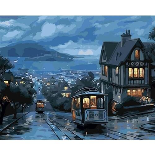 Painting By Number 40X50 50x65CM Blue Bus At Night Landscape Wall Art Gift DIY Pictures By Numbers Canvas Kits Home Decoration