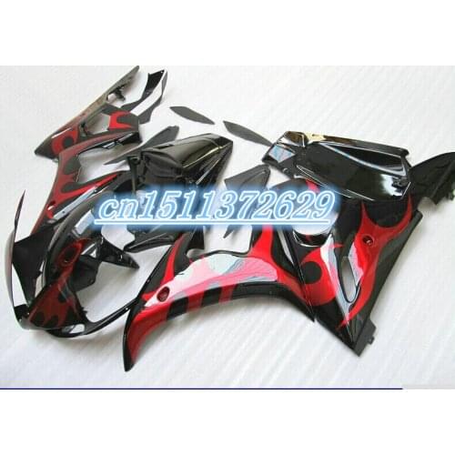Dor-red flame in black fairing set fit for YZF R6 2003 2004 2005 fairings kit YZF R6 03 04 05 Free Customize D
