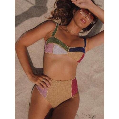 Swimwear women 2021new bikini set high waist luxury design gold silk swimsuit stitching Beach Bathing Suit Swim Wear Biquinis