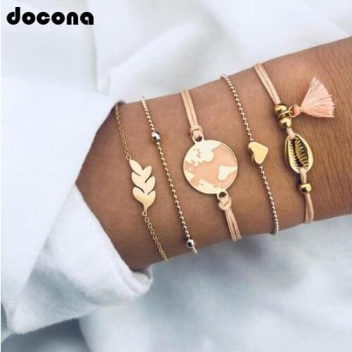 Docona Women Girl Bohemian Heart Map Leaf Shell Layered Adjustable Bracelet Set Tassel Pendant Beads Bracelets Bangles 4000