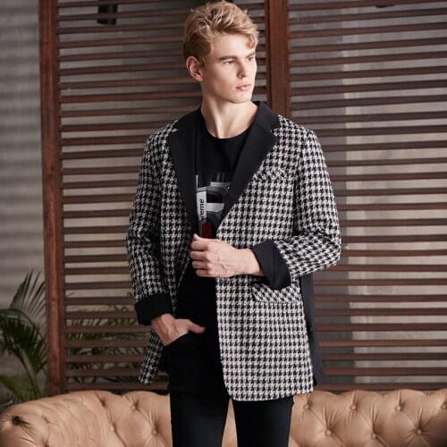 New Medium Length Mens Blazer Luxury Contrast Color Collar Plaid Casual Male Blazer Fashion Slim Male Blazer Plus Size 6XL