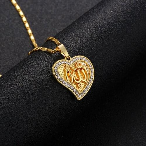 Wholesale Arabic Women Gold-color Muslim Islamic God Heart-shaped Allah Charm Pendant Necklace Jewelry Ramadan Gift Copper Chain