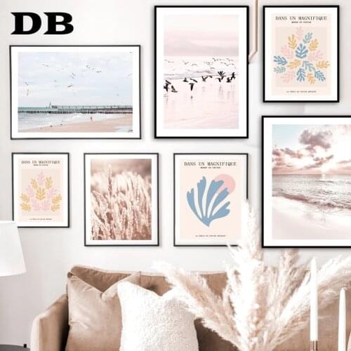 Beach Wave Sunset Grass Calm Bird Nordic Poster Abstract Paper Cut Wall Art Print Canvas Painting Decor Pictures For Living Room