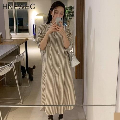 2020 new summer fashion korea styles shirt turn-down collar full sleeves striped single breasted full length dress V732