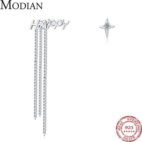 Modian New Fashion Asymmetry Ear Studs100% 925 Sterling Silver HAPPY Letter Long Tassel Stud Earrrings For Women Fine Jewelry