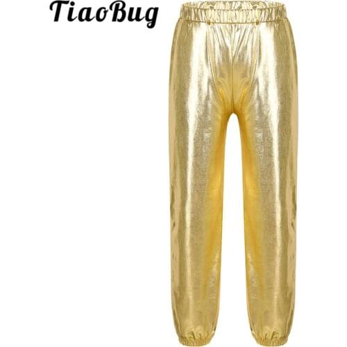 TiaoBug Kids Girls Glossy Metallic Elastic High Waist Pants Dancewear Child Stage Performance Hiphop Jazz Dance Costume Trousers