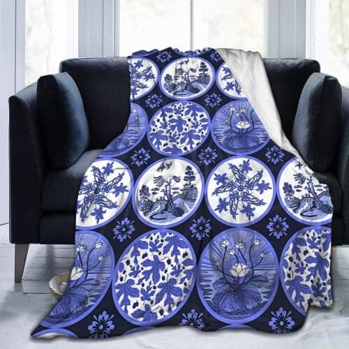 Chinese Blue and White Porcelain Patterns Cozy Comfy Throw Blanket for Couch Sofa Soft Light Weight Blankets for Women Kids