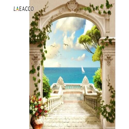 Laeacco Seaside Palace Arch Stairs Under The Sea Scenic Photography Backgrounds Vinyl Custom Camera Backdrops For Photo Studio