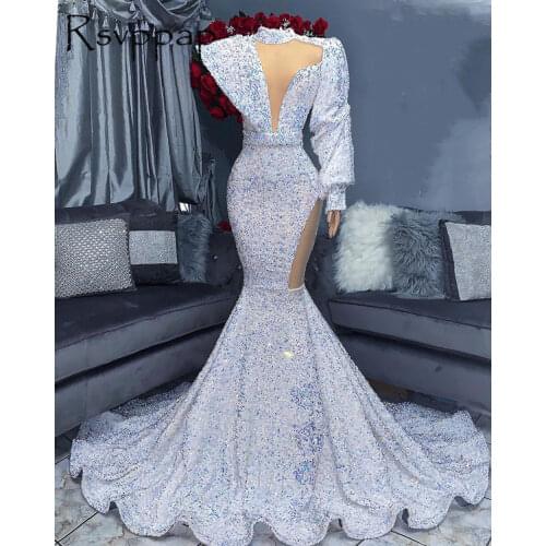 Single Long Sleeve Mermaid Prom Dress Stunning High Neck Sparkly Sequin African Black Girl Long Prom Dresses 2021