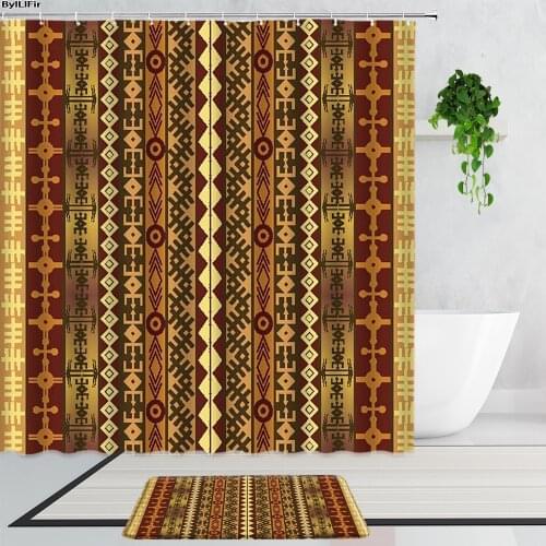 Bohemian Geometric Striped Shower Curtains Ethnic Style Home Decoration Background Bathroom Curtain Set Non-Slip Bath Mat Carpet