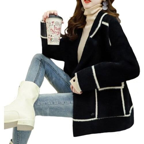 2021 Spring New Imitation Mink Plus Velvet Jacket Womens Cardigan Thickened warm Overcoat Loose Korean Wild Knitted Coat Female