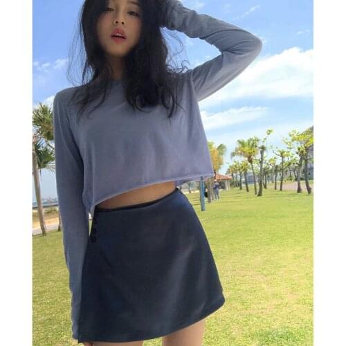 2021 Summer Solid-colored High-waisted Leaky Navel Top Slimmed Short Exposed Navel Long-sleeved T-shirt Female Tide