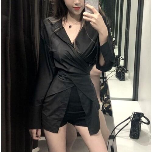 Women Blouses Solid Short Pants 2021 Fashion Long Sleeve Turn Down Collar Forked Shirt Casual Tops Plus Size Blusas Femininas