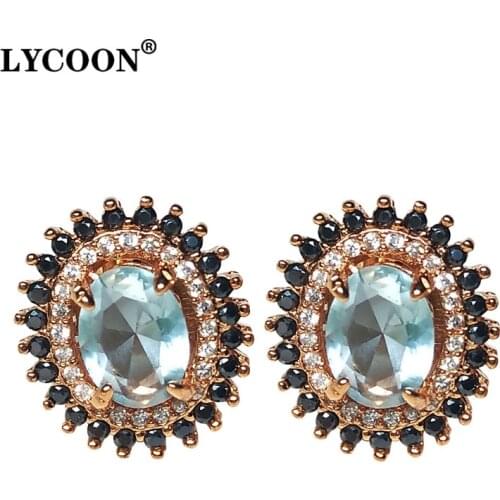 2020 Fashion round light blue stone earrings prong setting black Cubic Zirconia rose color plated earrings women wedding Jewelry