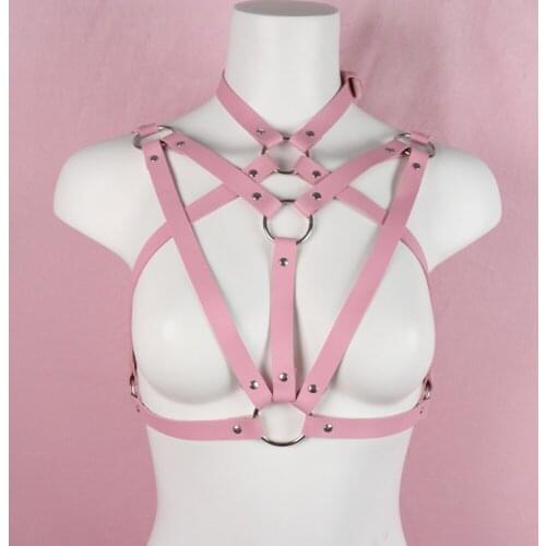 2021 Women Harness Top Pink PU Leather Pentagram Gothic Chest Bra Cage Suspenders Harajuku Sexy Lingerie Adjustable Rave Clothes