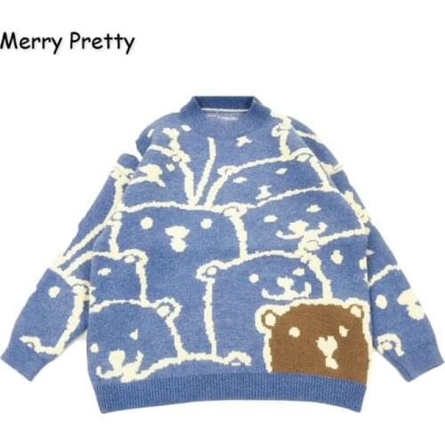 MERRY PRETTY Womens Cartoon Bear Embroidery Harajuku Knitted Sweaters 2020 Winter Thick Warm Jacquard Sweater Knit Pullovers