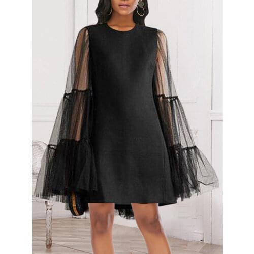 Women Black Mini Dress Patchwork Mesh Long Sleeves Transparent Elegant O Neck Sexy Ladies Birthday Evening Party Gowns 2021 New