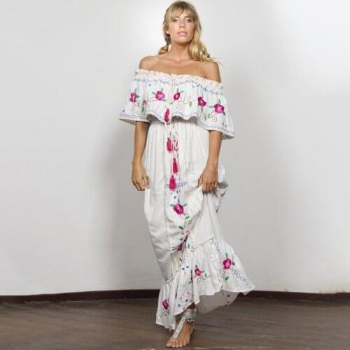 2021 Summer Bohemian Dress Ladies Elegant Embroidery Lace Long Dress Strapless Sexy Slash Neck Casual Beach Summer Dress Women