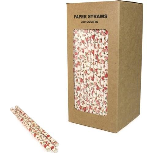 250 pcs/box Vintage Floral Paper Straws Bulk-Light Pink Flower Garden Wedding Tea Party Drinking Restaurant Juice Coffee Soda