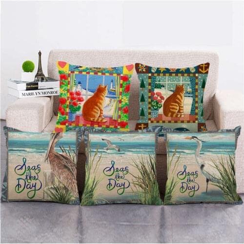 45cm*45cm Watercolor sea animals cartoon birds cat Linen/cotton Throw Pillow Covers Couch Cushion Cover Home Decor Pillowcase