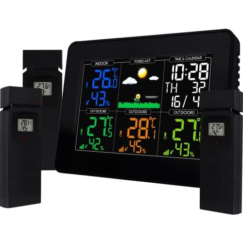 Wireless Weather Station w/ 3 Sensors Colored Display Indoor Outdoor Thermometer Humidity w/ Calendar and Backlight, Alarm Clock