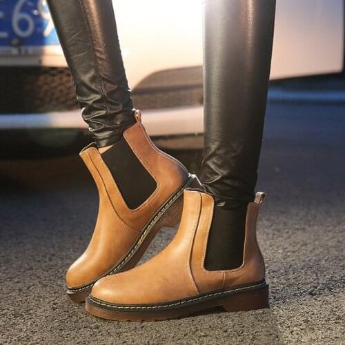 Ankle Boots English Style Casual Brush Color Round Head PU Boots Flat Bottom Thick-heeled Boots for quick drying lightweight