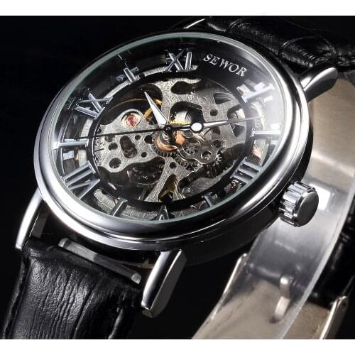 Casual new skeleton hollow sewor brand design fashion mechanical men luxury male business leather wrist army sport gift watch