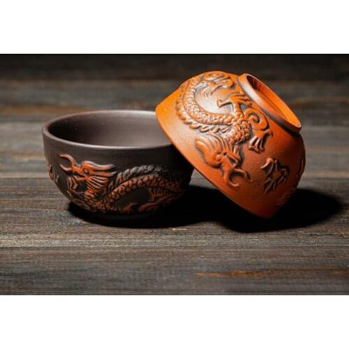 Double Dragon Tea Cup Retro Chinese Purple Clay Tea Bowl Drinkware Fragrant Dahongpao Puerh Black Green Tea Cups Sets Ceremony