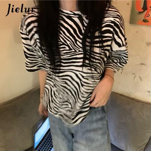 Jielur New College Style Zebra Print T-shirt for Women Short Sleeve Korean Tee Shirts Summer Ladies Tshirt Tops Hipsters M-XL