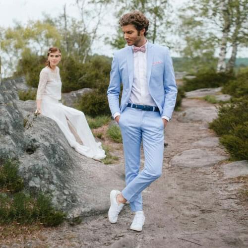 Classic Summer Blue Mens Wedding Suits Custom Made Groom Tuxedos Best Man Jacket Man Blazers Slim Fit Terno Masculino 2 Pieces