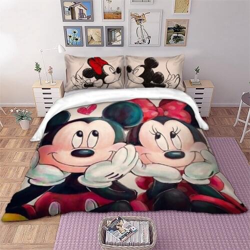 Disney Cute Mickey Minnie Mouse Pattern Bedding Set Kids Couple Bedroom Decorative Duvet Quilt Cover Pillowcase Home Spin