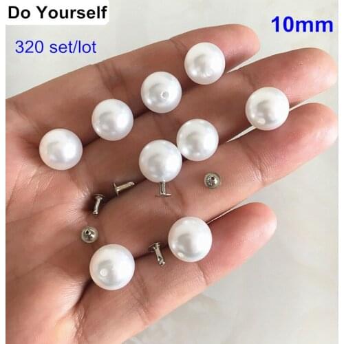 Free Shipping - 320 sets Round White Pearl Rivet Studs 10mm Pearl Rivet Spikes For Clothing,Leather Decoration