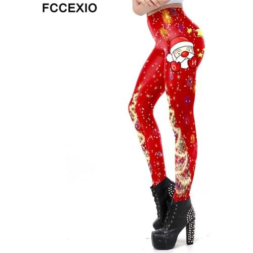 FCCEXIO Santa Claus Leggings Women Plus Size Leggins Christmas Shiny Tree Elk Festival Autumn Winter Fitness XMAS Legging Gift