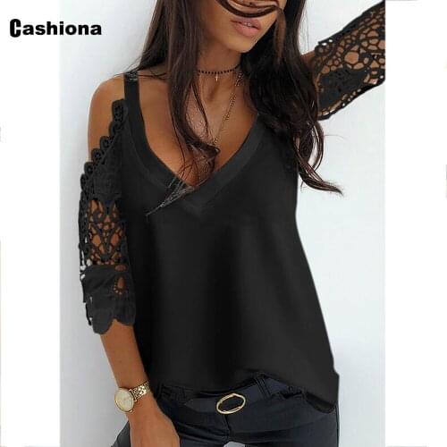 Cashiona 2021 Summer New Patchwork Lace Top 3/4 Sleeve Hollow Out Chiffon Blouse Sexy V-neck Casual Pullovers Pull Jersey Mujer