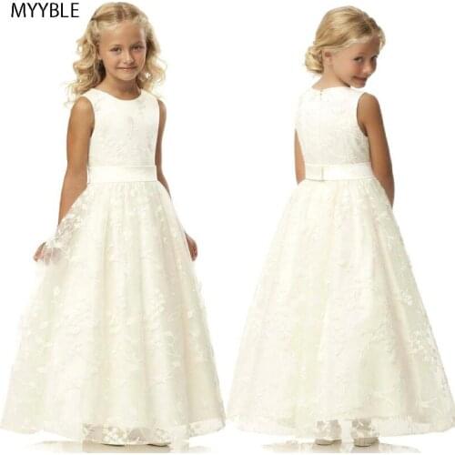 MYYBLE Lace Flower Girl Dresses 2020 A line Tulle Communion Gown White Ivory Little Bride Dress Sleeveless Wedding Party Dress