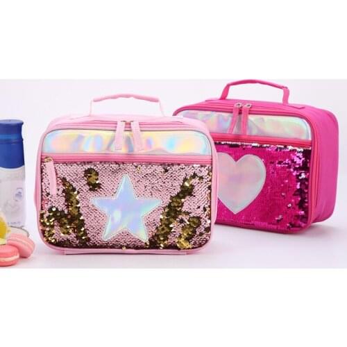 Reverse Sequin Insulated Kid Girls Lunch Box Glitter Tote Bag Cooler Picnic Pouch Storage Case Cosmetic Food organizer