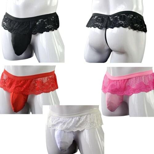 Sexy Men Sissy Lace Skirted Bulge Pouch Panties G-String Bikini Open Butt Underwear Male Crossdressing Lingerie