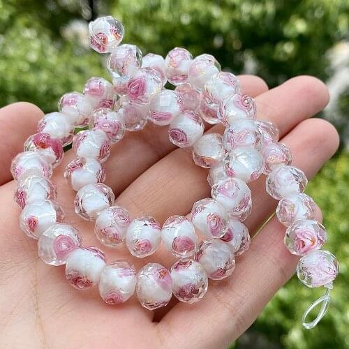 10mm Large White Pink Transparent Flower Glass Lampwork Beads for Jewelry Making Women DIY Bracelets Bulk Rondelle Faceted Beads
