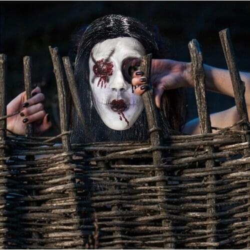 Horror Female Ghost Masque With Wigs Scary Headgear Facecover Haunted House Party Scary Halloween Cosplay Props