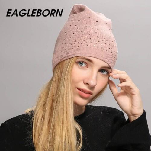 EAGLEBORN Winter Hat For Women Wool Knited Hat Beanies Rhinestone Skullies Hat Girls Hat caps